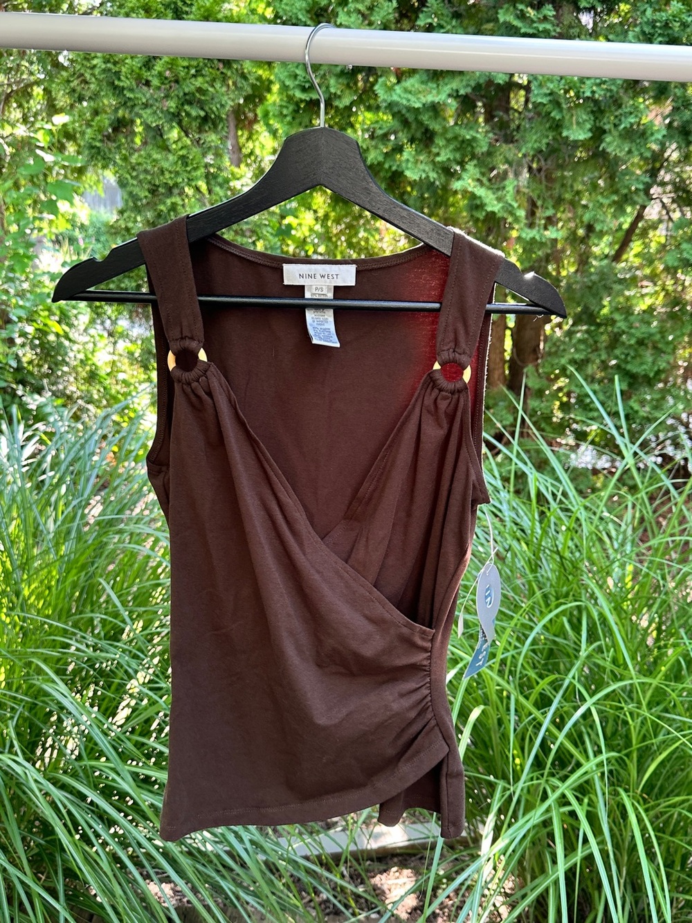NWT Nine West Brown Sleeveless Wrap Tank Top with Wooden Ring Accent on Straps